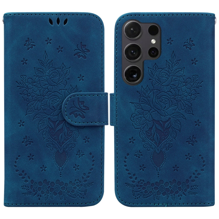 For Samsung Galaxy S25 Ultra 5G Butterfly Rose Embossed Leather Phone Case(Blue) - Galaxy S25 Ultra 5G Cases by buy2fix | Online Shopping UK | buy2fix