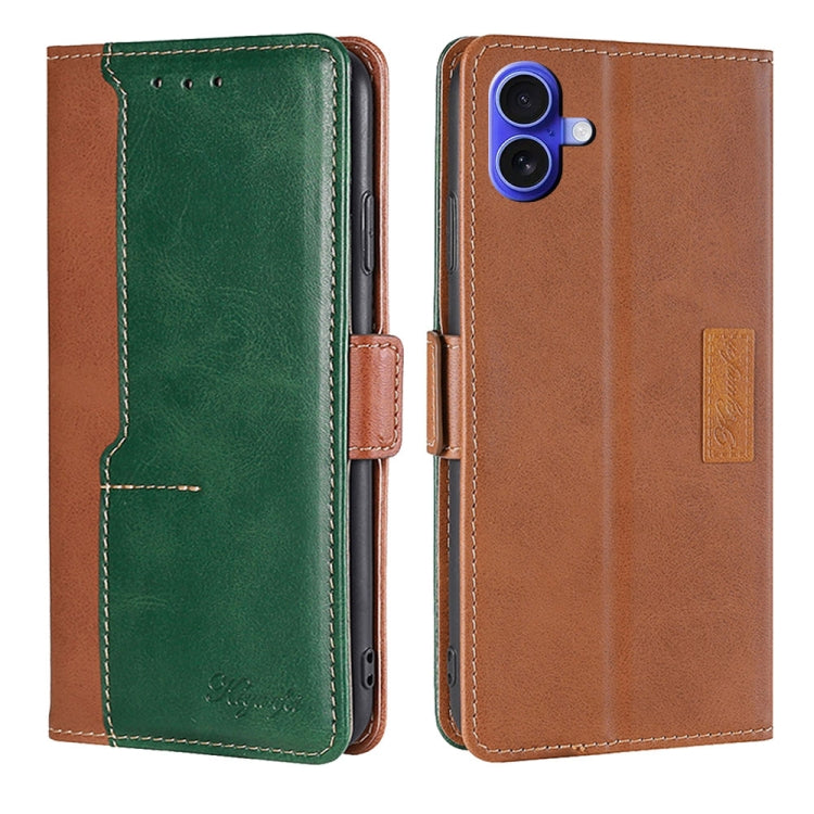 For iPhone 16 Plus Contrast Color Side Buckle Leather Phone Case(Light Brown + Green) - iPhone 16 Plus Cases by buy2fix | Online Shopping UK | buy2fix