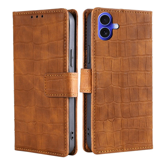 For iPhone 16 Skin Feel Crocodile Magnetic Clasp Leather Phone Case(Brown) - iPhone 16 Cases by buy2fix | Online Shopping UK | buy2fix