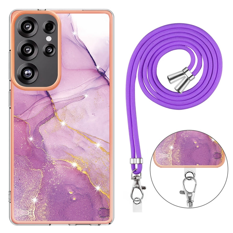 For Samsung Galaxy S25 Ultra 5G Electroplating Marble Dual-side IMD Phone Case with Lanyard(Purple 001) - Galaxy S25 Ultra 5G Cases by buy2fix | Online Shopping UK | buy2fix