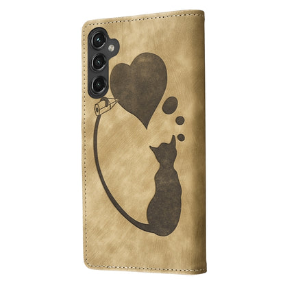 For Samsung Galaxy S25 5G Pen Heart Cat Embossed Leather Phone Case(Apricot) - Galaxy S25 5G Cases by buy2fix | Online Shopping UK | buy2fix