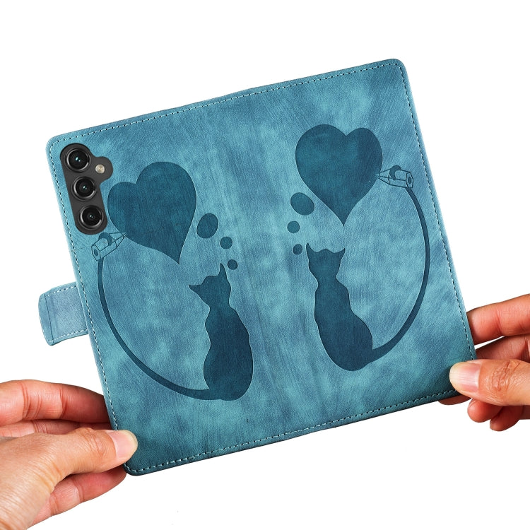 For Samsung Galaxy S25 5G Pen Heart Cat Embossed Leather Phone Case(Blue) - Galaxy S25 5G Cases by buy2fix | Online Shopping UK | buy2fix