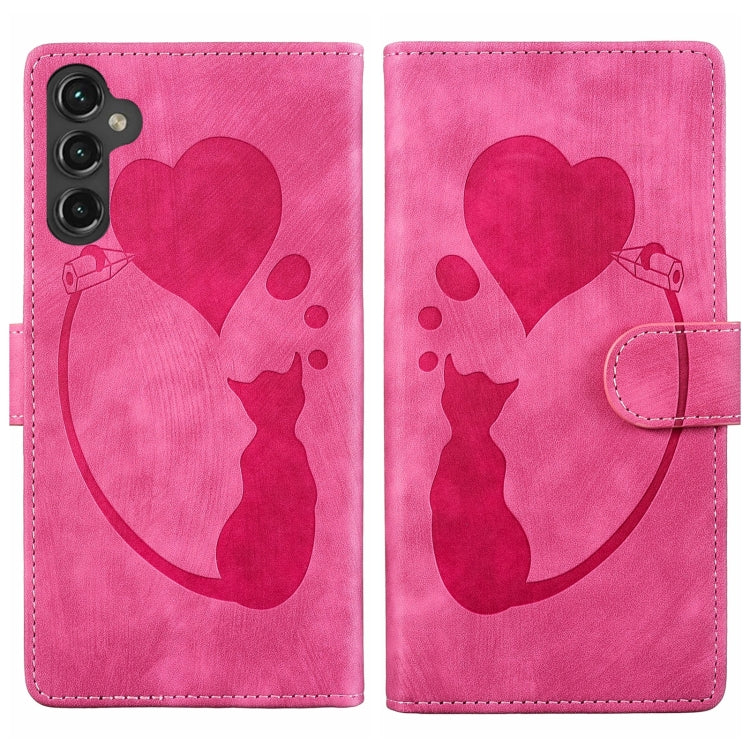 For Samsung Galaxy S25 5G Pen Heart Cat Embossed Leather Phone Case(Pink) - Galaxy S25 5G Cases by buy2fix | Online Shopping UK | buy2fix