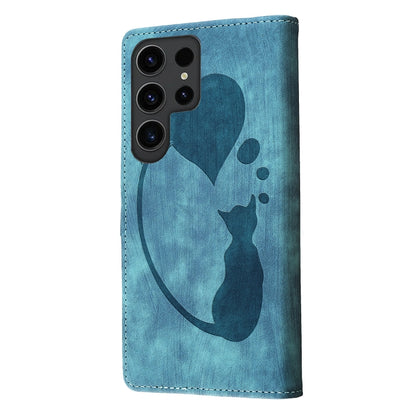 For Samsung Galaxy S25 Ultra 5G Pen Heart Cat Embossed Leather Phone Case(Blue) - Galaxy S25 Ultra 5G Cases by buy2fix | Online Shopping UK | buy2fix