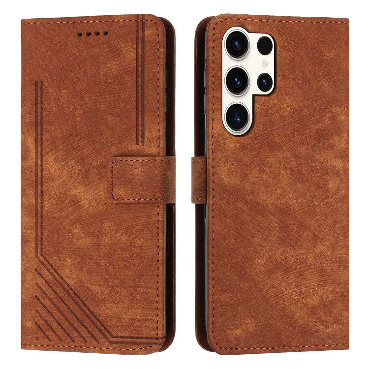 For Samsung Galaxy S25 Ultra 5G Skin Feel Stripe Pattern Leather Phone Case with Long Lanyard(Brown) - Galaxy S25 Ultra 5G Cases by buy2fix | Online Shopping UK | buy2fix