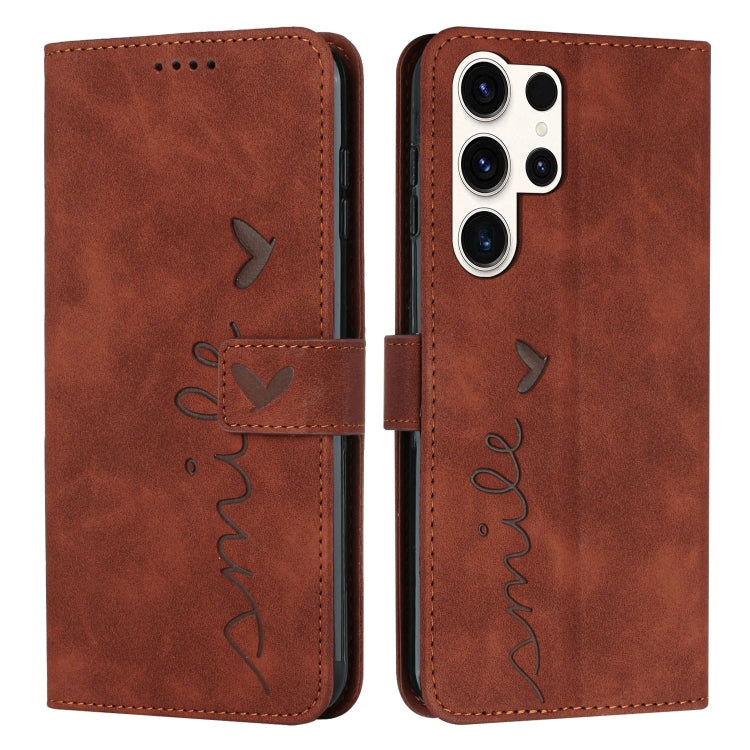 For Samsung Galaxy S25 Ultra 5G Skin Feel Heart Embossed Leather Phone Case with Long Lanyard(Brown) - Galaxy S25 Ultra 5G Cases by buy2fix | Online Shopping UK | buy2fix