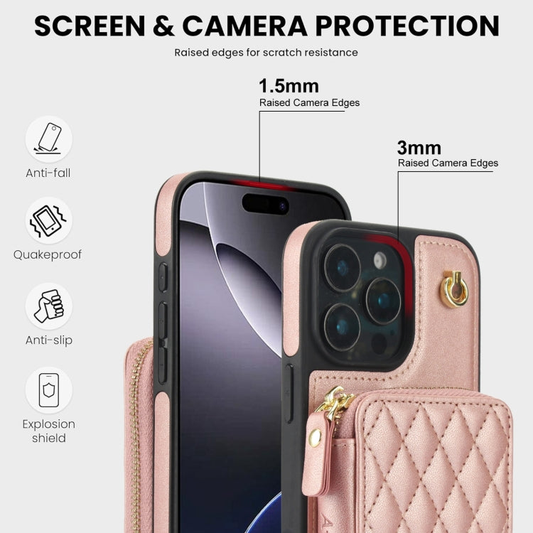 For iPhone 16 Pro AwQuer Crossbody Zipper Wallet Rhombic Leather Back Phone Case(Rose Gold) - iPhone 16 Pro Cases by Awquer | Online Shopping UK | buy2fix