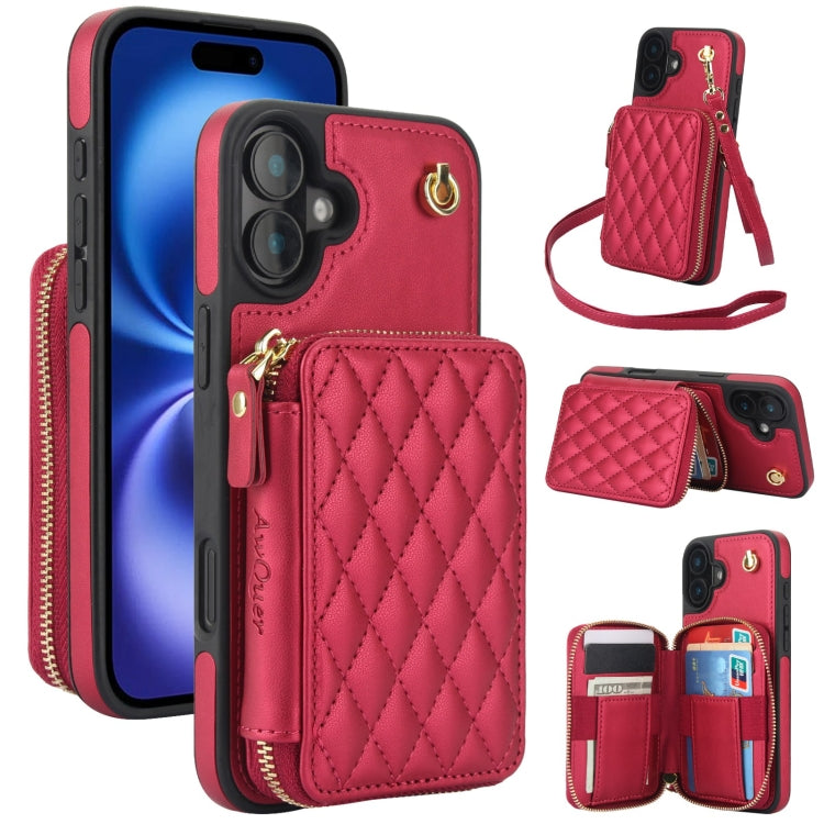 For iPhone 16 Plus AwQuer Crossbody Zipper Wallet Rhombic Leather Back Phone Case(Red) - iPhone 16 Plus Cases by Awquer | Online Shopping UK | buy2fix