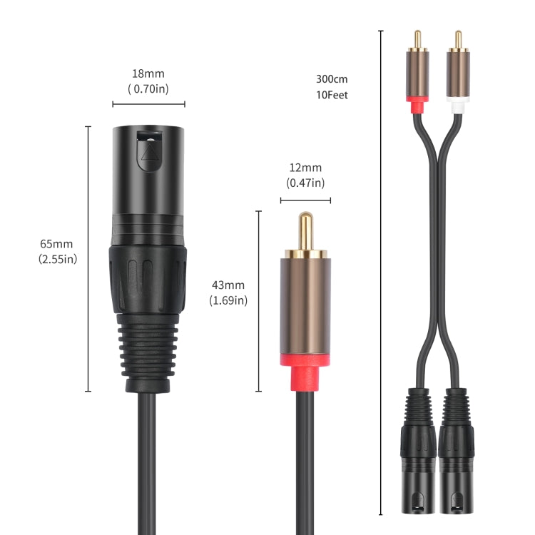 2 RCA Male to 2 XLR Male Audio Balance Cable, Length:3m(Black) - RCA Cable by buy2fix | Online Shopping UK | buy2fix