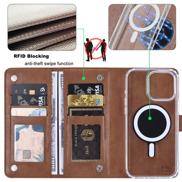 For iPhone 16 Pro Max ViLi GVS-C Series MagSafe Magnetic RFID Leather Flip Phone Case(Brown) - iPhone 16 Pro Max Cases by ViLi | Online Shopping UK | buy2fix