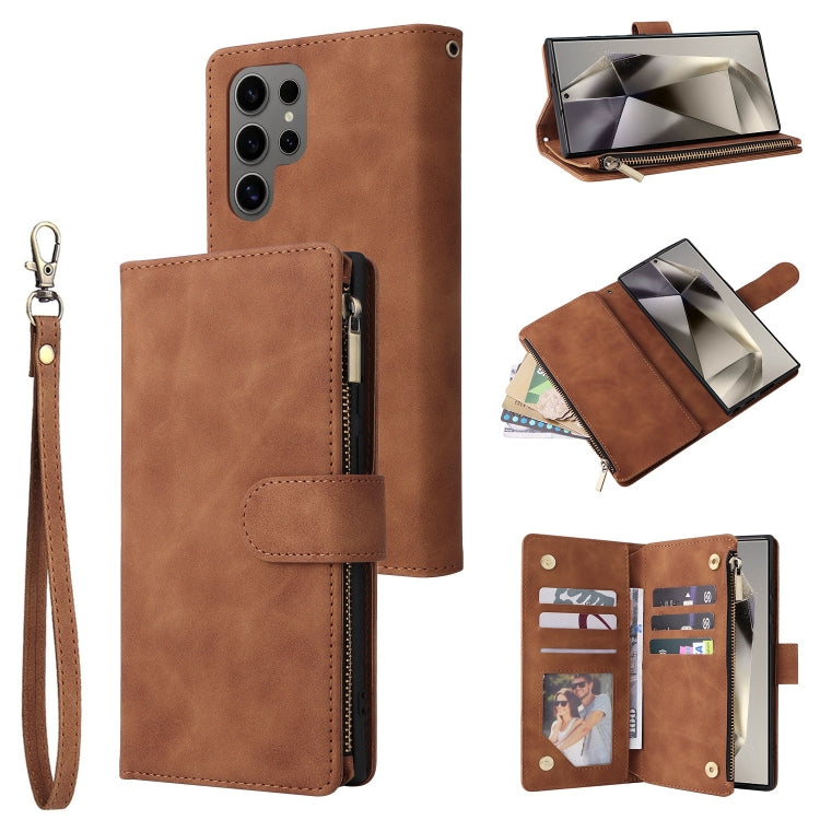 For Samsung Galaxy S25 Ultra 5G Multifunctional Frosted Zipper Wallet Leather Phone Case(Brown) - Galaxy S25 Ultra 5G Cases by buy2fix | Online Shopping UK | buy2fix