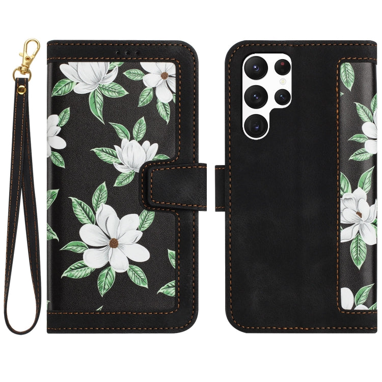 For Samsung Galaxy S25 Ultra 5G Floral Pattern Leather Phone Case with Lanyard(Black) - Galaxy S25 Ultra 5G Cases by buy2fix | Online Shopping UK | buy2fix