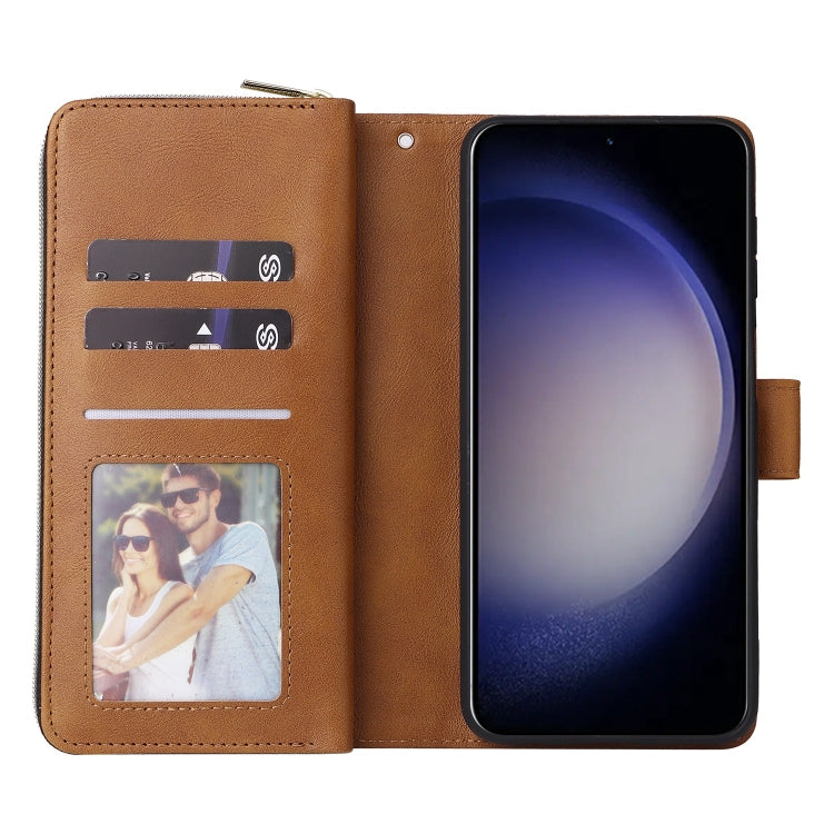 For Samsung Galaxy S25 5G 9-Card Slots Zipper Wallet Bag Leather Phone Case(Brown) - Galaxy S25 5G Cases by buy2fix | Online Shopping UK | buy2fix