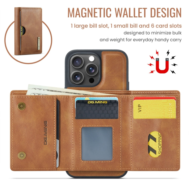 For iPhone 16 Pro Max DG.MING M6 Series RFID Tri-fold Card Bag Removable Leather Phone Case(Brown) - iPhone 16 Pro Max Cases by DG.MING | Online Shopping UK | buy2fix