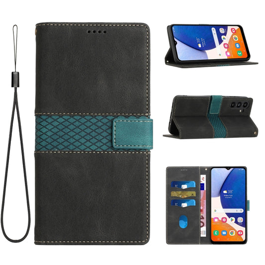 For Samsung Galaxy S25 5G Grid Stitching Leather Phone Case with Lanyard(Black) - Galaxy S25 5G Cases by buy2fix | Online Shopping UK | buy2fix