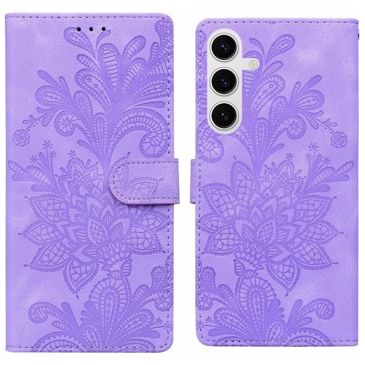 For Samsung Galaxy S25+ 5G Lace Floral Embossed Magnetic Buckle PU Phone Case With Wrist Strap(Purple) - Galaxy S25+ 5G Cases by buy2fix | Online Shopping UK | buy2fix