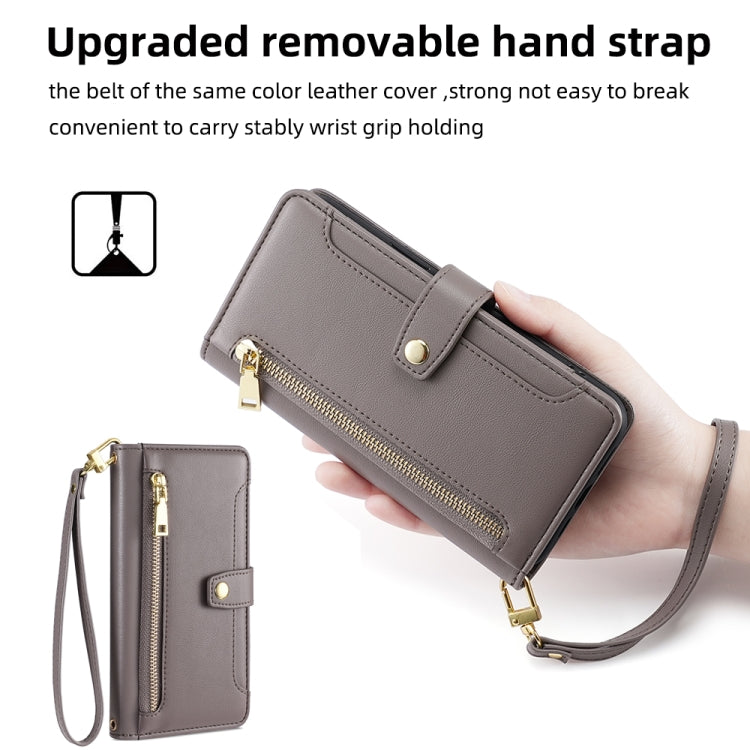 For Samsung Galaxy S25 5G Sheep Texture Cross-body Zipper Wallet Leather Phone Case(Grey) - Galaxy S25 5G Cases by buy2fix | Online Shopping UK | buy2fix