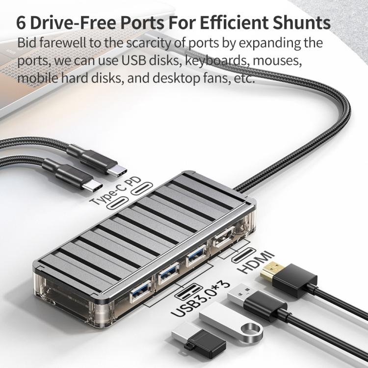 awei HUB-2 Multi-function 6 in 1 Type-C HUB Adapter(Grey) - USB 3.0 HUB by awei | Online Shopping UK | buy2fix