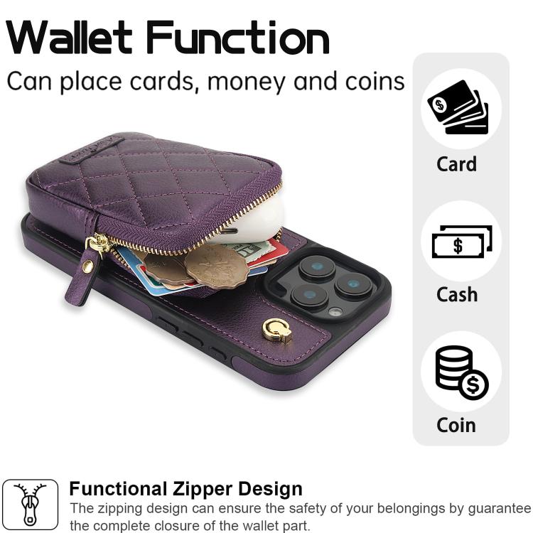 For iPhone 16 Pro Max AwQuer Crossbody Zipper Wallet Bag Litchi Leather Phone Case(Dark Purple) - iPhone 16 Pro Max Cases by Awquer | Online Shopping UK | buy2fix