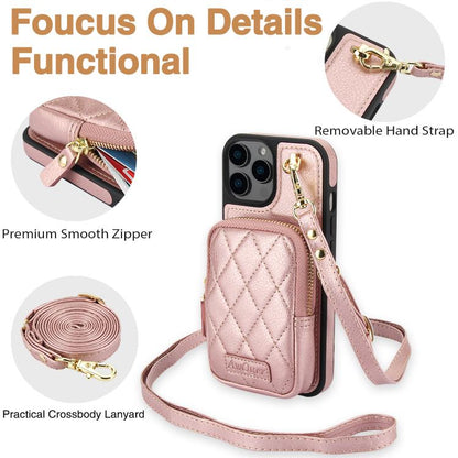 For iPhone 16 Pro AwQuer Crossbody Zipper Wallet Bag Litchi Leather Phone Case(Rose Gold) - iPhone 16 Pro Cases by Awquer | Online Shopping UK | buy2fix