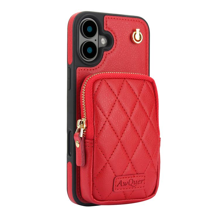 For iPhone 16 AwQuer Crossbody Zipper Wallet Bag Litchi Leather Phone Case(Red) - iPhone 16 Cases by Awquer | Online Shopping UK | buy2fix