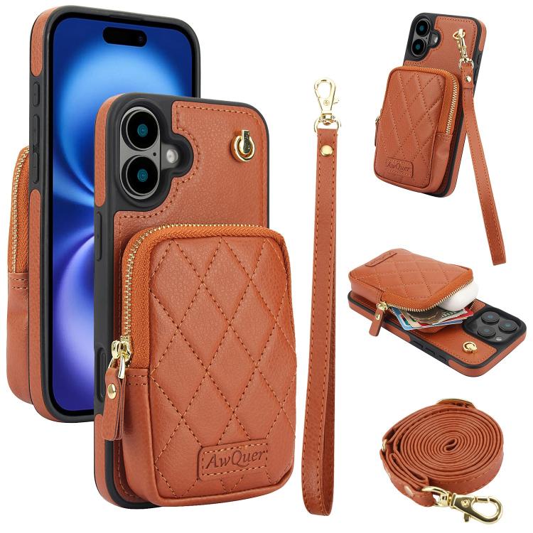 For iPhone 16 AwQuer Crossbody Zipper Wallet Bag Litchi Leather Phone Case(Brown) - iPhone 16 Cases by Awquer | Online Shopping UK | buy2fix