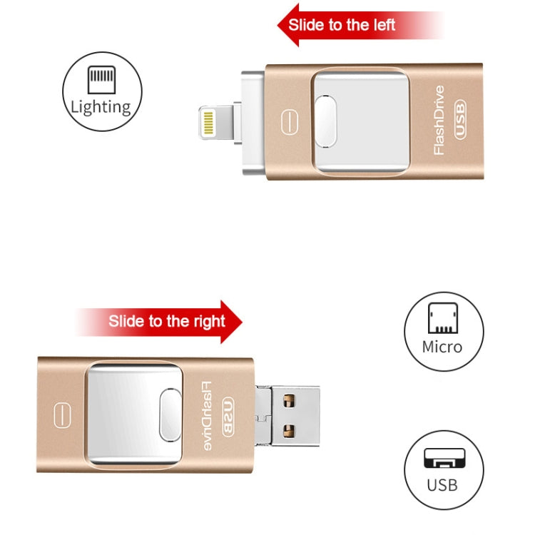 32GB USB 3.0 + 8 Pin + Mirco USB Android iPhone Computer Dual-use Metal Flash Drive (Gold) - U Disk & Card Reader by buy2fix | Online Shopping UK | buy2fix