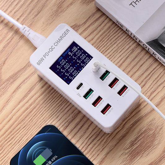 A8T 60W 8 Ports USB + QC3.0 + PD Type-C Smart Charging Station with Digital Display AC100-240V, US Plug - Multifunction Charger by buy2fix | Online Shopping UK | buy2fix