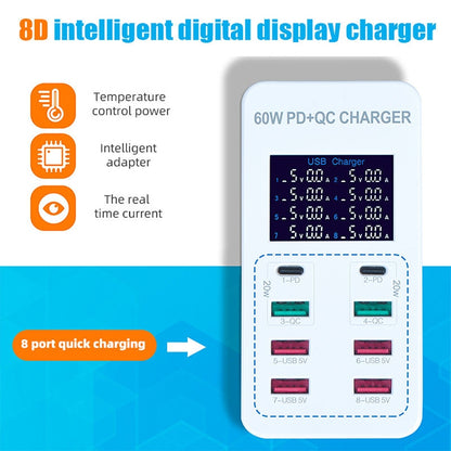 A8T 60W 8 Ports USB + QC3.0 + PD Type-C Smart Charging Station with Digital Display AC100-240V, EU Plug - Multifunction Charger by buy2fix | Online Shopping UK | buy2fix