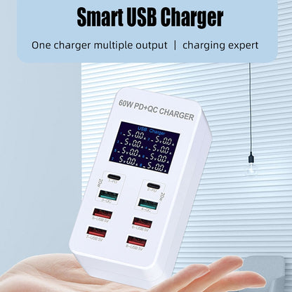 A8T 60W 8 Ports USB + QC3.0 + PD Type-C Smart Charging Station with Digital Display AC100-240V, EU Plug - Multifunction Charger by buy2fix | Online Shopping UK | buy2fix