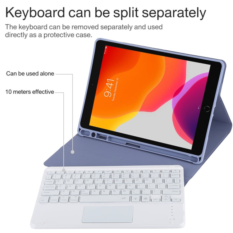 TG-102BCS Detachable Bluetooth White Keyboard + Microfiber Leather Tablet Case for iPad 10.2 inch / iPad Air (2019), with Touch Pad & Backlight & Pen Slot & Holder (Purple) - For iPad Air by buy2fix | Online Shopping UK | buy2fix