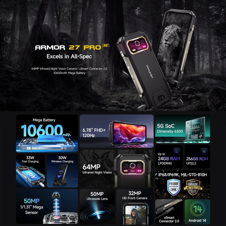 Ulefone Armor 27 Pro Rugged Phone, 12GB+256GB, Night Vision, 10600mAh, 6.78 inch Android 14 MediaTek Dimensity 6300 Octa Core, Network: 5G, NFC (Black) - Ulefone by Ulefone | Online Shopping UK | buy2fix