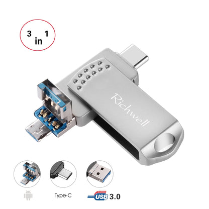 Richwell 3 in 1 64G Type-C + Micro USB + USB 3.0 Metal Flash Disk with OTG Function(Silver) - U Disk & Card Reader by Richwell | Online Shopping UK | buy2fix