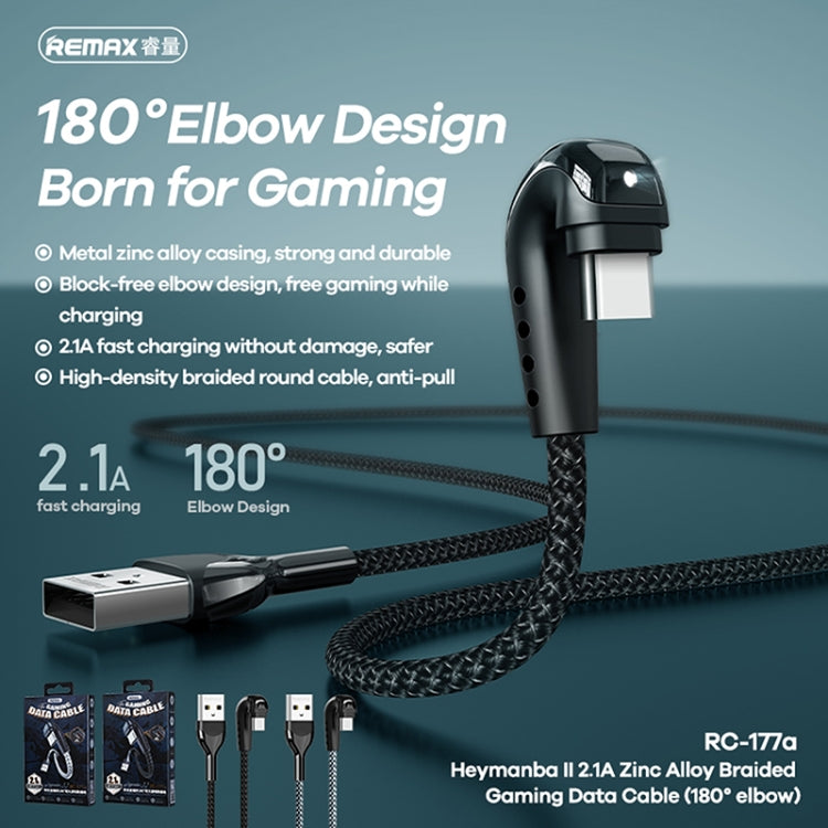 REMAX RC-177a Heymanba II 2.1A USB to USB-C / Type-C 180 Degrees Elbow Zinc Alloy Braided Gaming Data Cable, Cable Length: 1m(Black) - USB-C & Type-C Cable by REMAX | Online Shopping UK | buy2fix