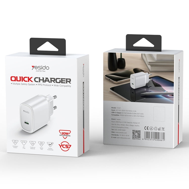 Yesido YC57B PD 20W USB-C / Type-C Single Port Quick Charger, EU Plug (Black) - USB Charger by Yesido | Online Shopping UK | buy2fix