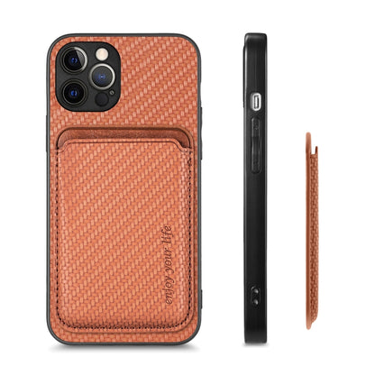 For iPhone 12 Pro Carbon Fiber Leather Card Magsafe Magnetic Phone Case(Brown) - iPhone 12 / 12 Pro Cases by buy2fix | Online Shopping UK | buy2fix