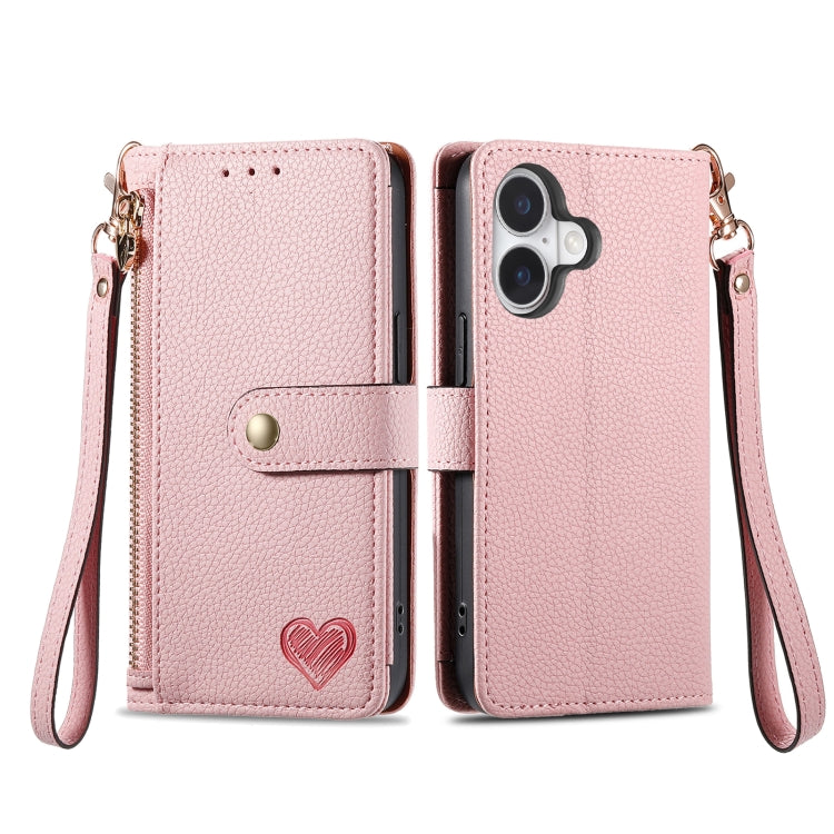 For iPhone 16 Love Zipper Lanyard Leather Phone Case(Pink) - iPhone 16 Cases by buy2fix | Online Shopping UK | buy2fix