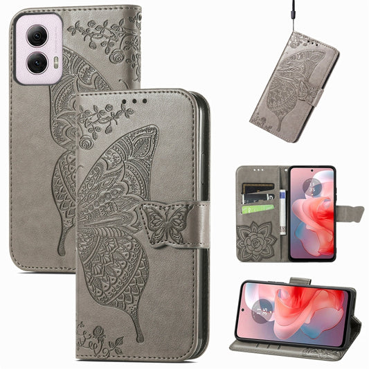 For Motorola Moto G Power 2024 Butterfly Love Flower Embossed Leather Phone Case(Gray) - Motorola Cases by buy2fix | Online Shopping UK | buy2fix