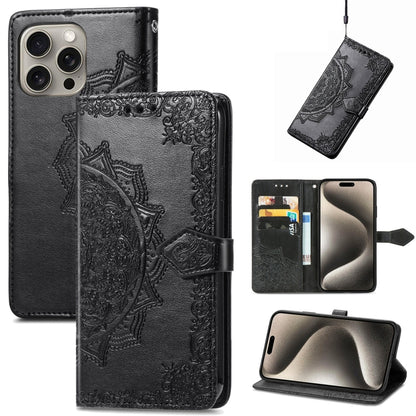 For iPhone 16 Pro Mandala Flower Embossed Leather Phone Case(Black) - iPhone 16 Pro Cases by buy2fix | Online Shopping UK | buy2fix