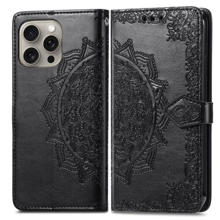 For iPhone 16 Pro Mandala Flower Embossed Leather Phone Case(Black) - iPhone 16 Pro Cases by buy2fix | Online Shopping UK | buy2fix