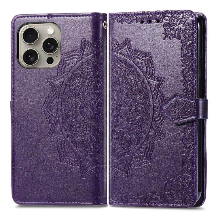 For iPhone 16 Pro Mandala Flower Embossed Leather Phone Case(Purple) - iPhone 16 Pro Cases by buy2fix | Online Shopping UK | buy2fix