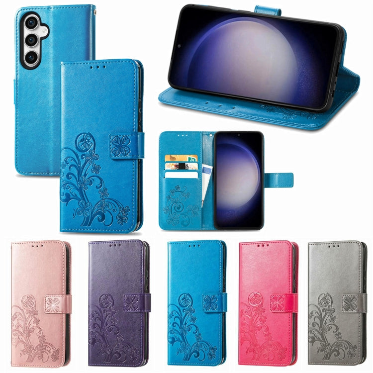 For Samsung Galaxy S24+ 5G Four-leaf Clasp Embossed Buckle Leather Phone Case(Blue) - Galaxy S24+ 5G Cases by buy2fix | Online Shopping UK | buy2fix