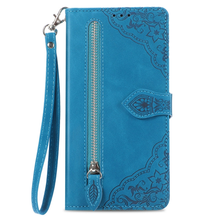 For Samsung Galaxy S24+ 5G Embossed Flower Zipper Leather Phone Case(Blue) - Galaxy S24+ 5G Cases by buy2fix | Online Shopping UK | buy2fix