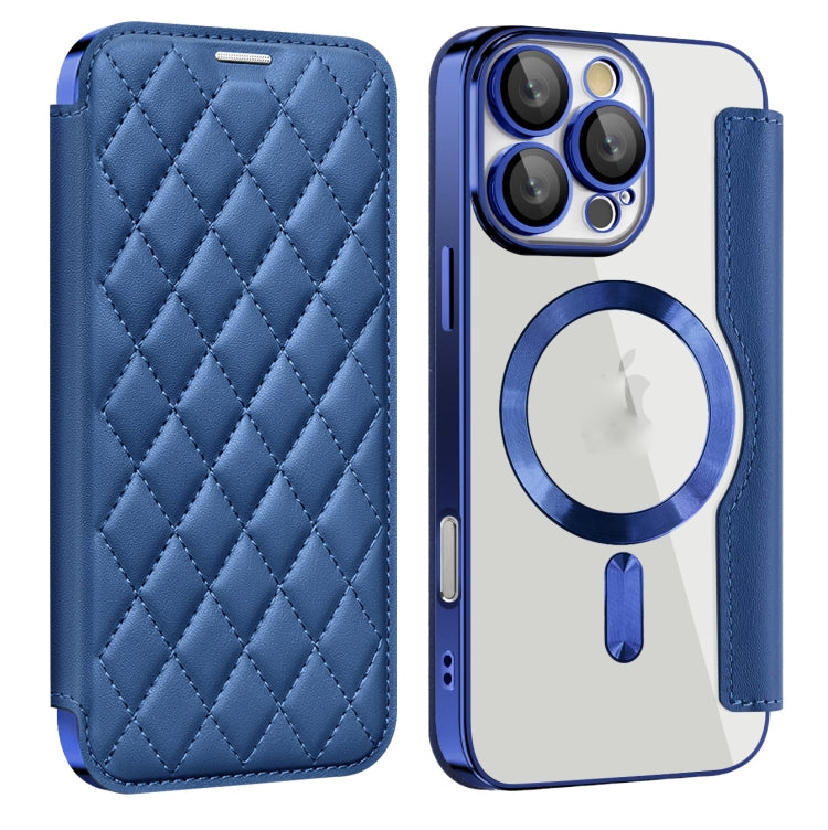 For iPhone 16 Pro Shield Magsafe RFID Anti-theft Rhombus Leather Phone Case(Dark Blue) - iPhone 16 Pro Cases by buy2fix | Online Shopping UK | buy2fix