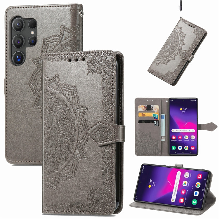 For Samsung Galaxy S25 Ultra 5G Mandala Flower Embossed Leather Phone Case(Gray) - Galaxy S25 Ultra 5G Cases by buy2fix | Online Shopping UK | buy2fix