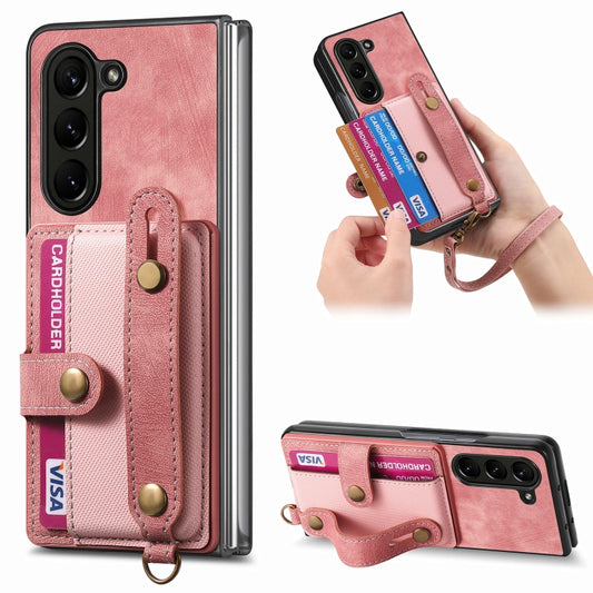 For Samsung Galaxy Z Fold6 5G Retro Cross Wristband Wallet Leather Back Phone Case(Pink) - Galaxy Z Fold6 5G Cases by buy2fix | Online Shopping UK | buy2fix