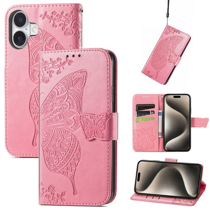 For iPhone 16 Butterfly Love Flower Embossed Leather Phone Case(Pink) - iPhone 16 Cases by buy2fix | Online Shopping UK | buy2fix