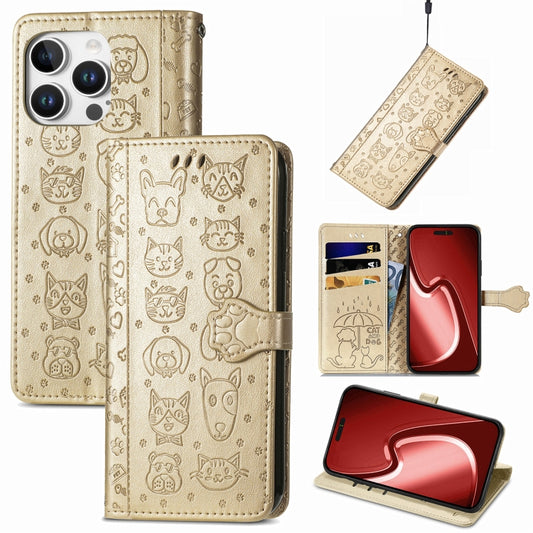 For iPhone 16 Pro Max Cat and Dog Embossed Leather Phone Case(Gold) - iPhone 16 Pro Max Cases by buy2fix | Online Shopping UK | buy2fix