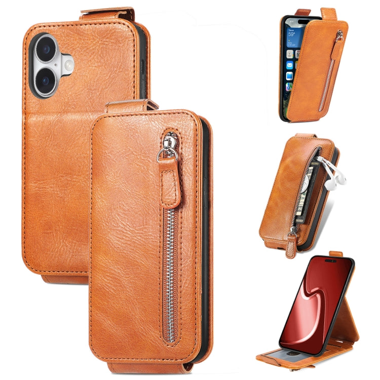 For iPhone 16 Zipper Wallet Vertical Flip Leather Phone Case(Brown) - iPhone 16 Cases by buy2fix | Online Shopping UK | buy2fix