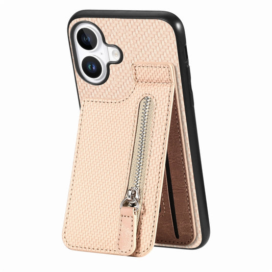 For iPhone 16 Carbon Fiber Vertical Flip Zipper Phone Case(Khaki) - iPhone 16 Cases by buy2fix | Online Shopping UK | buy2fix